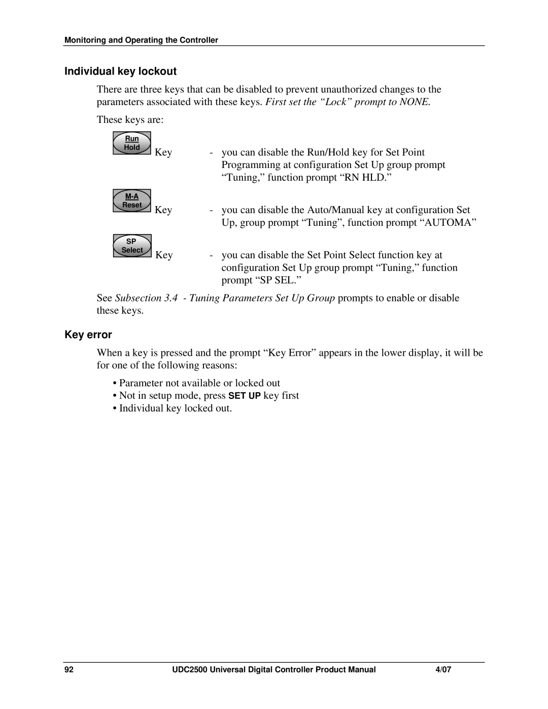 Honeywell UDC2500 manual Individual key lockout, Key error 