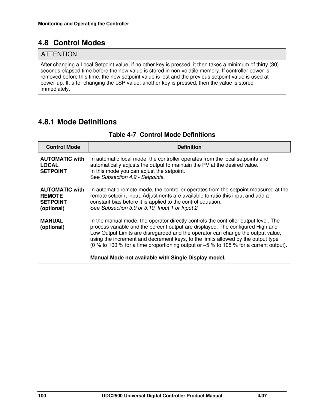 Honeywell UDC2500 manual Control Modes, Control Mode Definitions 