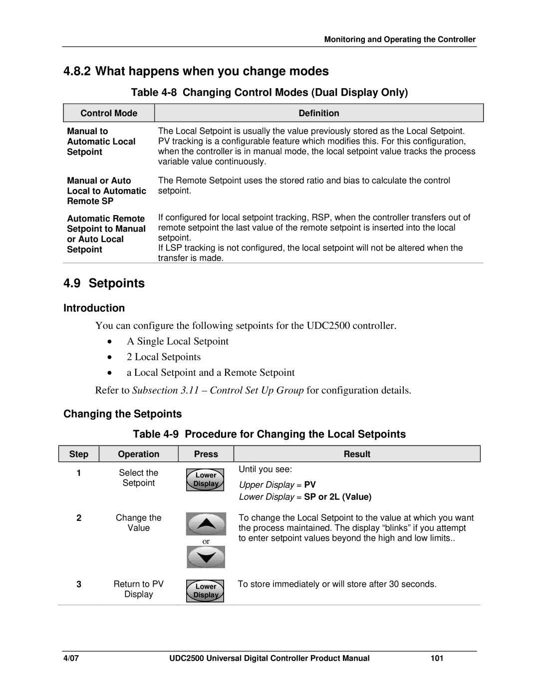 Honeywell UDC2500 manual What happens when you change modes, Setpoints, Changing Control Modes Dual Display Only 