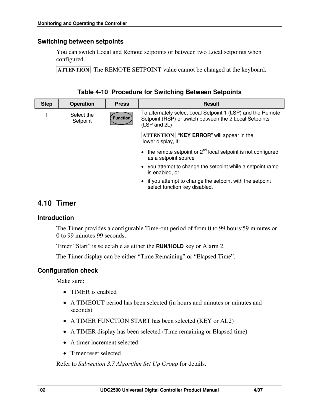 Honeywell UDC2500 manual Timer, Switching between setpoints, Procedure for Switching Between Setpoints, Configuration check 