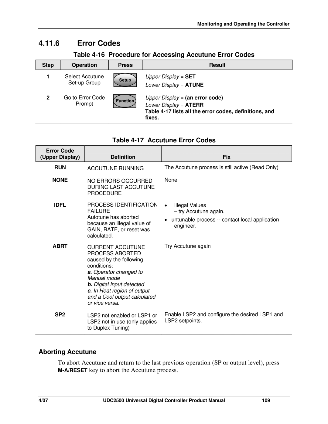 Honeywell UDC2500 manual Procedure for Accessing Accutune Error Codes, Aborting Accutune 