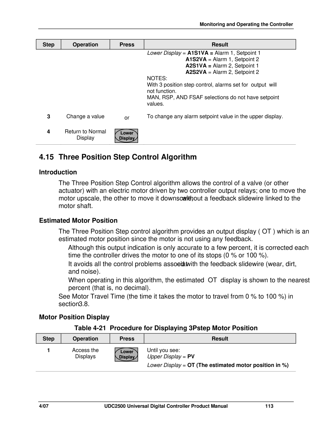 Honeywell UDC2500 manual Three Position Step Control Algorithm, Estimated Motor Position, Upper Display = PV 