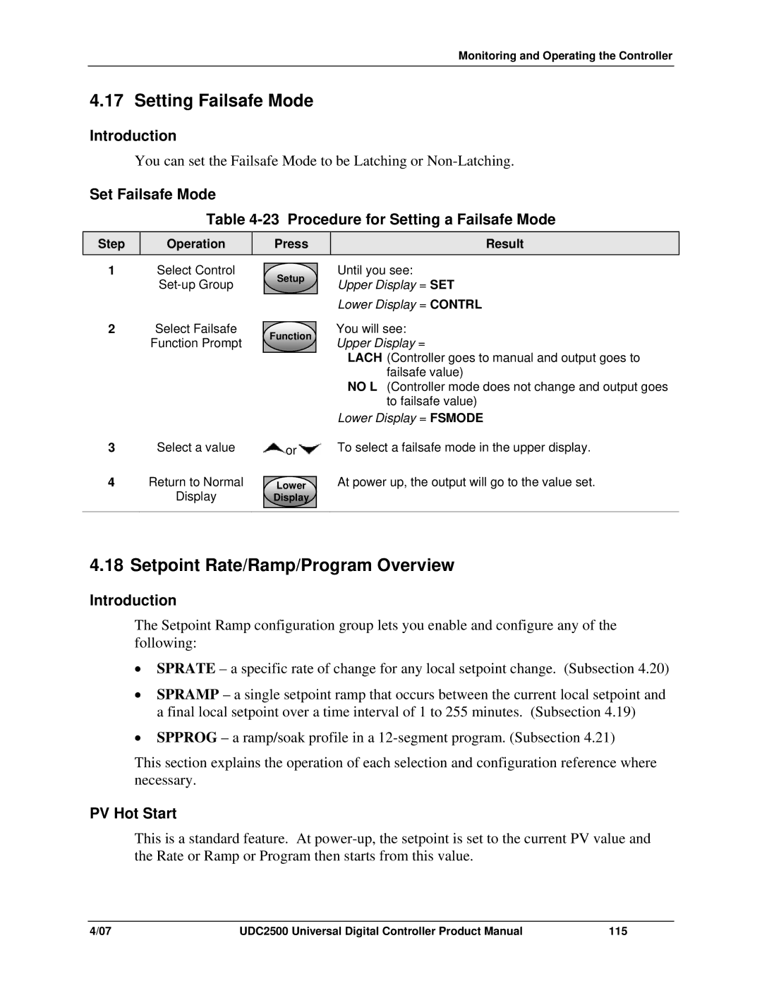 Honeywell UDC2500 manual Setting Failsafe Mode, Setpoint Rate/Ramp/Program Overview, PV Hot Start, Lower Display = Fsmode 