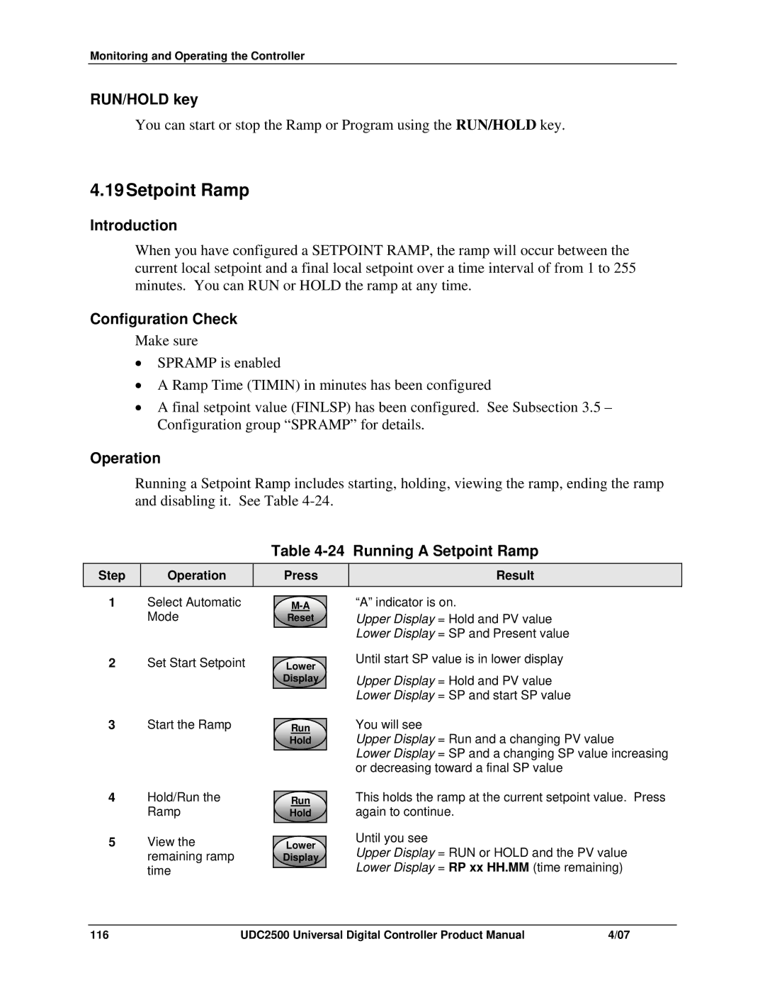 Honeywell UDC2500 manual 19Setpoint Ramp, RUN/HOLD key, Running a Setpoint Ramp 