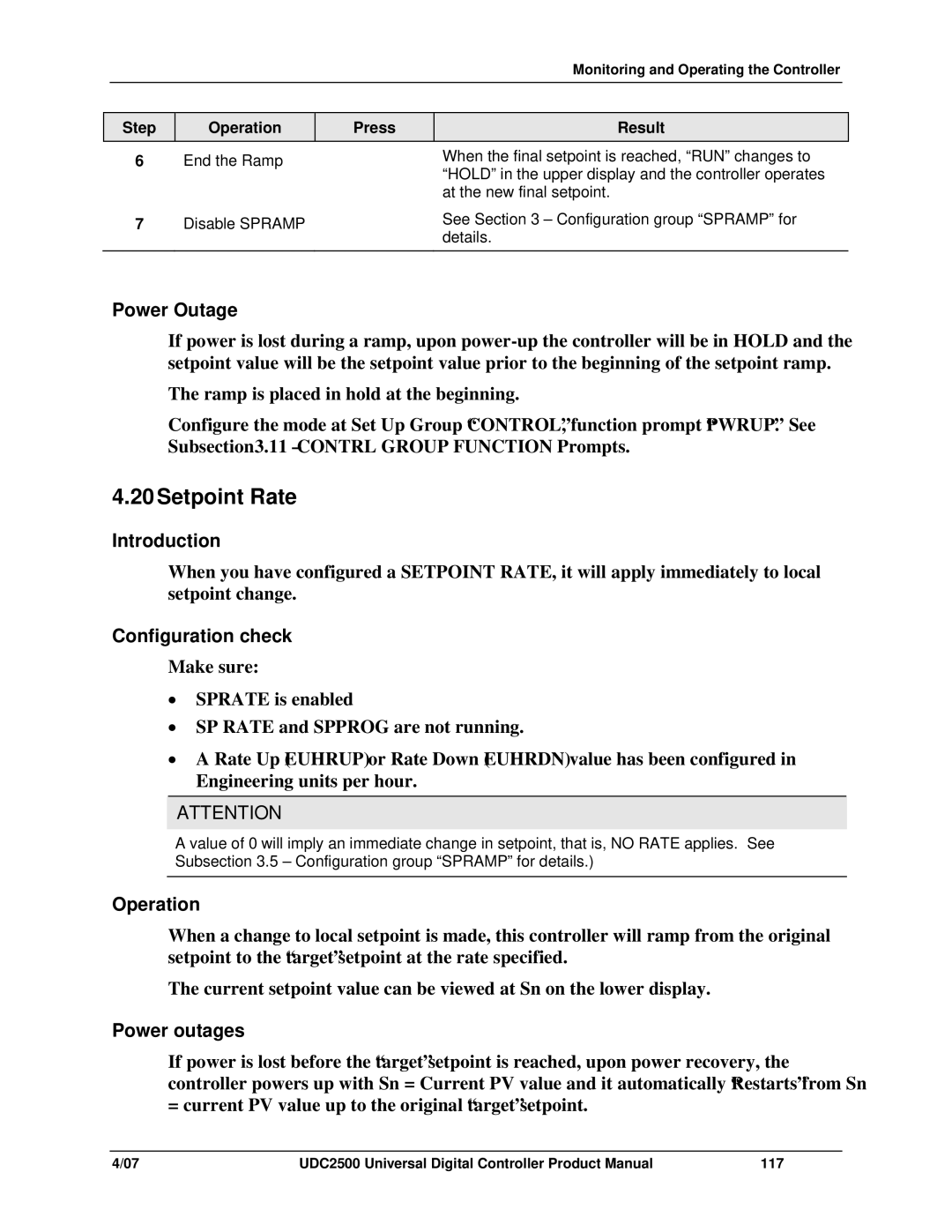 Honeywell UDC2500 manual 20Setpoint Rate, Power Outage, Power outages 