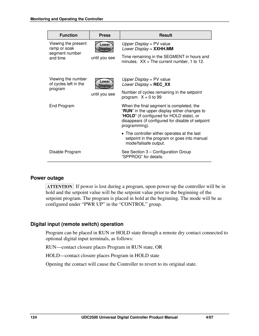 Honeywell UDC2500 manual Power outage Digital input remote switch operation, Lower Display = XXHH.MM, Lower Display = Recxx 