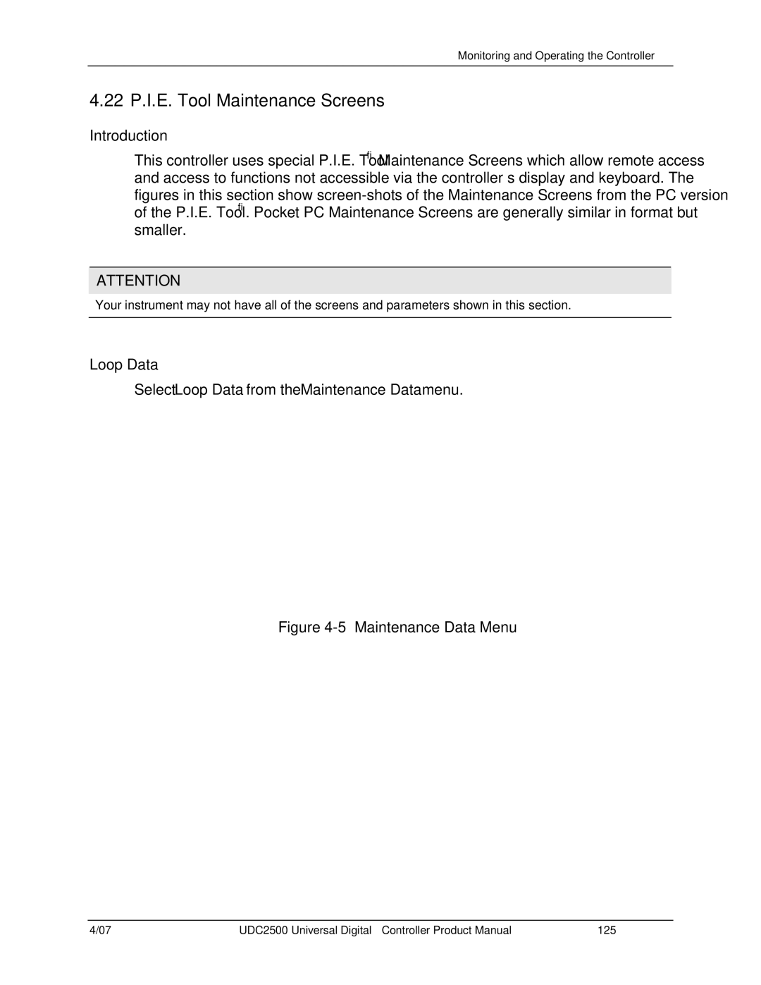 Honeywell UDC2500 manual 22 P.I.E. Tool Maintenance Screens, Loop Data 