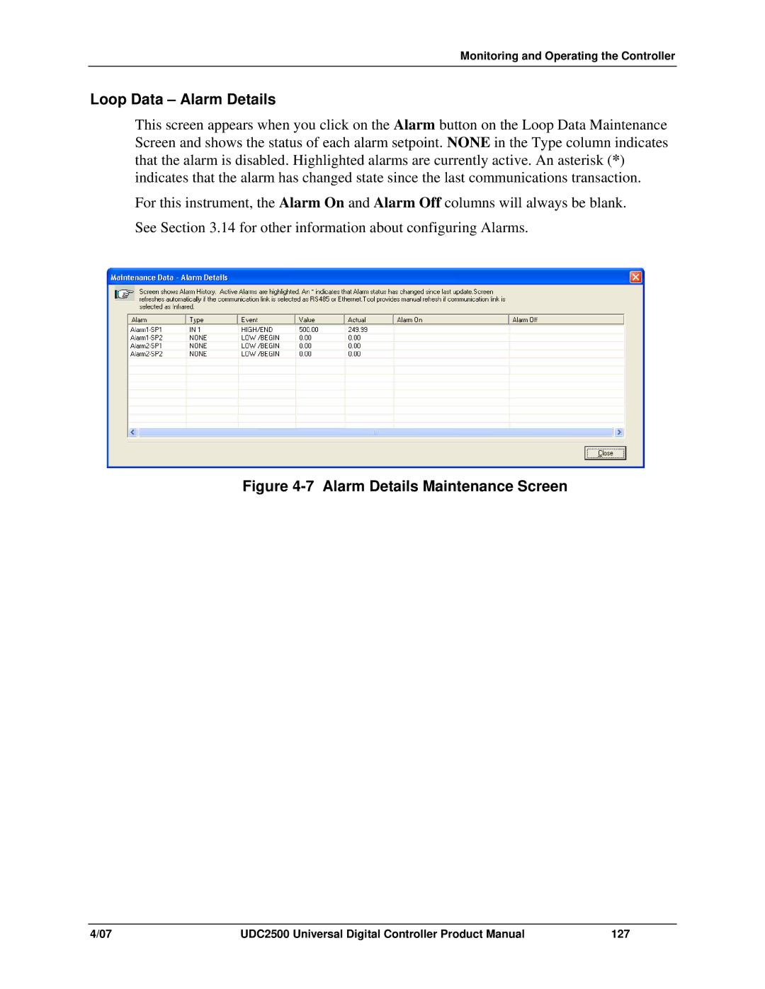 Honeywell UDC2500 manual Loop Data Alarm Details, Alarm Details Maintenance Screen 