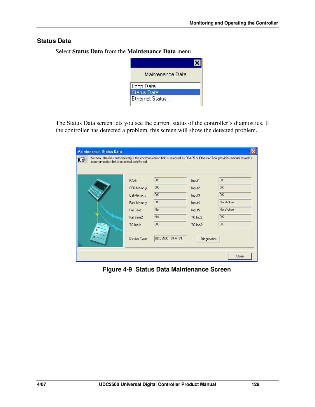 Honeywell UDC2500 manual Status Data Maintenance Screen 