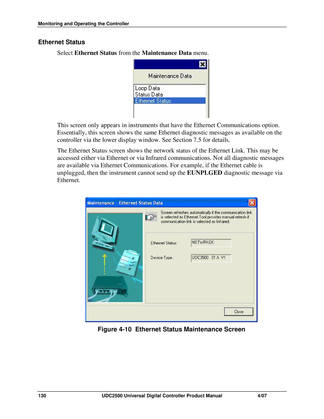 Honeywell UDC2500 manual Ethernet Status Maintenance Screen 