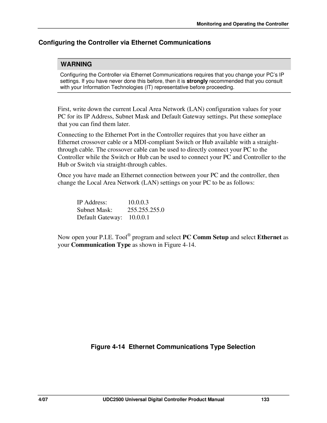 Honeywell UDC2500 manual Configuring the Controller via Ethernet Communications, Ethernet Communications Type Selection 