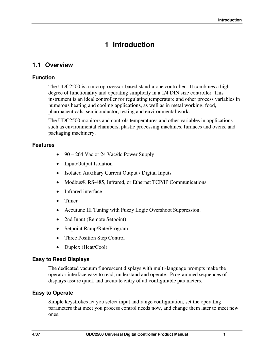 Honeywell UDC2500 manual Overview, Function, Features, Easy to Read Displays, Easy to Operate 