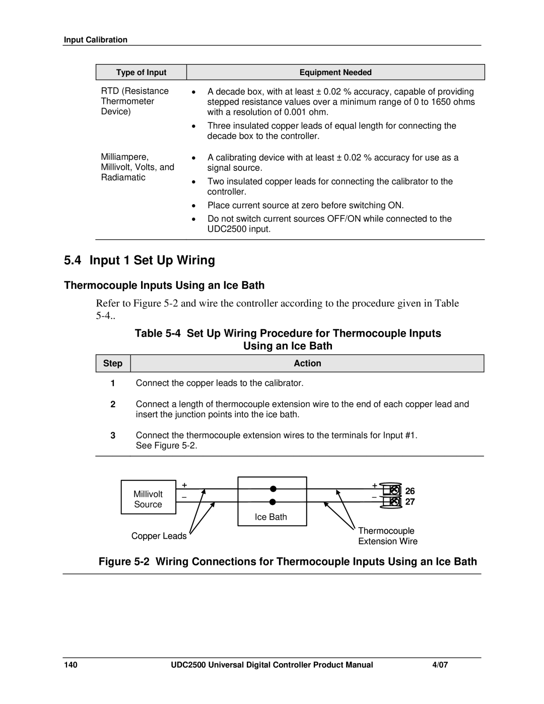 Honeywell UDC2500 manual Input 1 Set Up Wiring, Thermocouple Inputs Using an Ice Bath 