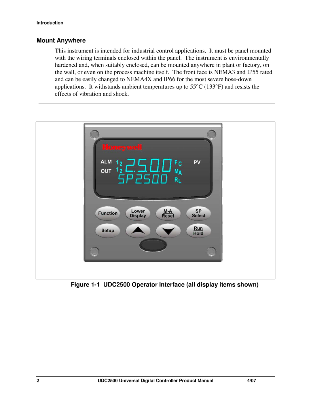 Honeywell manual Mount Anywhere, UDC2500 Operator Interface all display items shown 