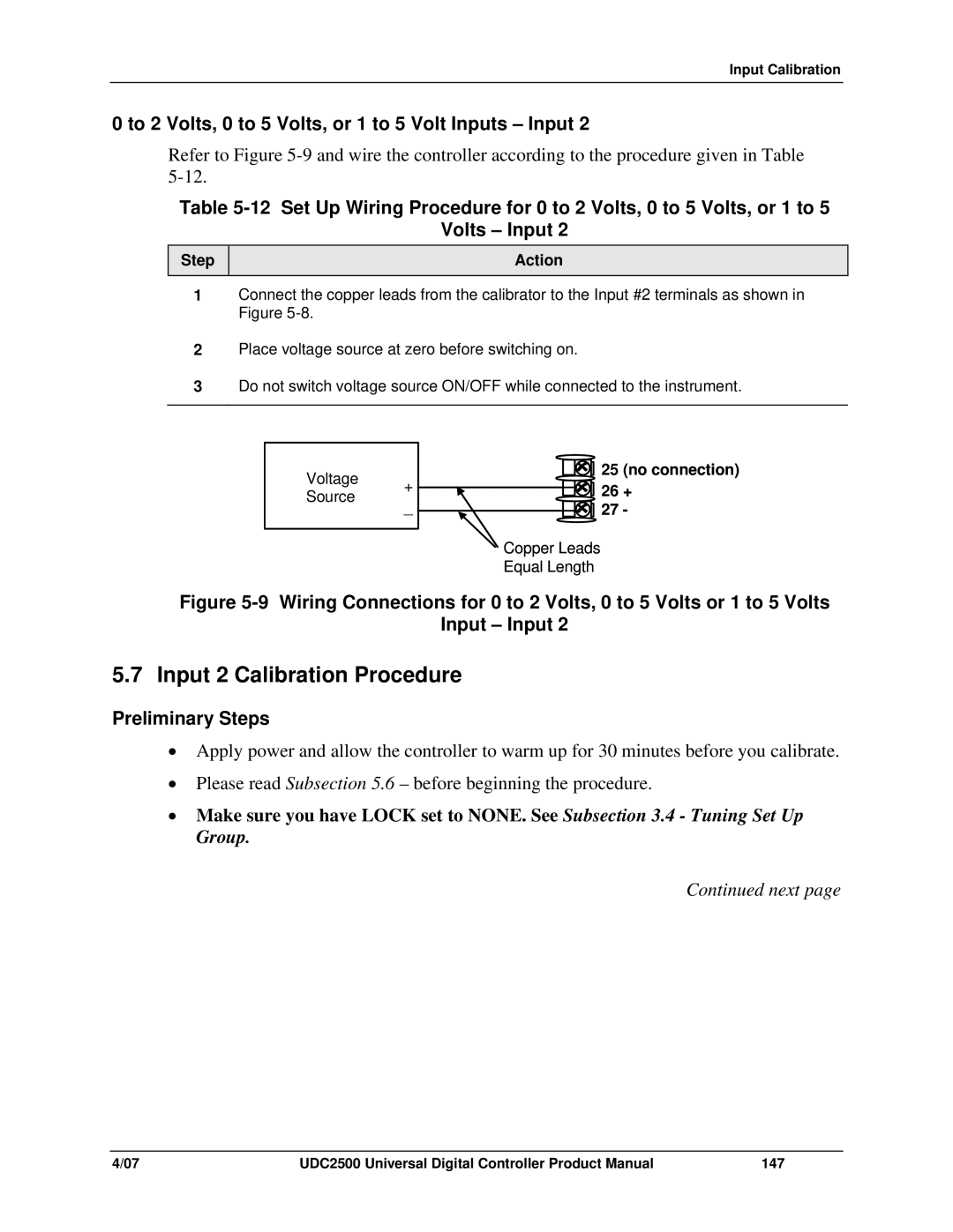 Honeywell UDC2500 Input 2 Calibration Procedure, To 2 Volts, 0 to 5 Volts, or 1 to 5 Volt Inputs Input, No connection 26 + 