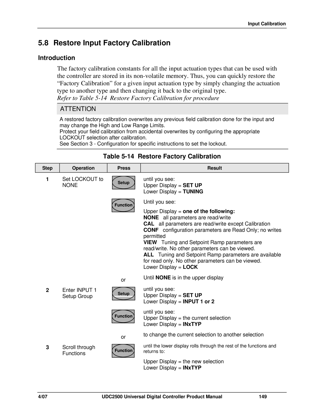 Honeywell UDC2500 manual Restore Input Factory Calibration, Restore Factory Calibration 