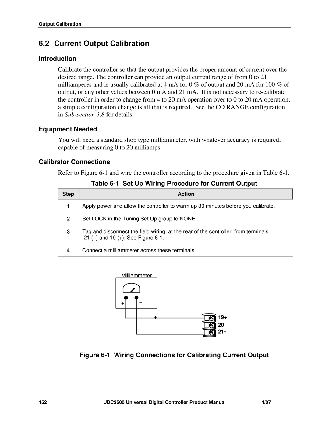 Honeywell UDC2500 Current Output Calibration, Calibrator Connections, Set Up Wiring Procedure for Current Output, 19+ 