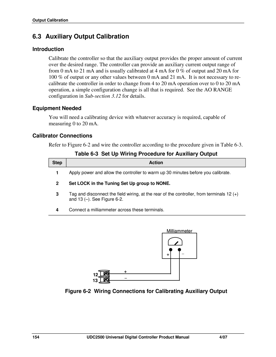 Honeywell UDC2500 manual Auxiliary Output Calibration, Set Up Wiring Procedure for Auxiliary Output 