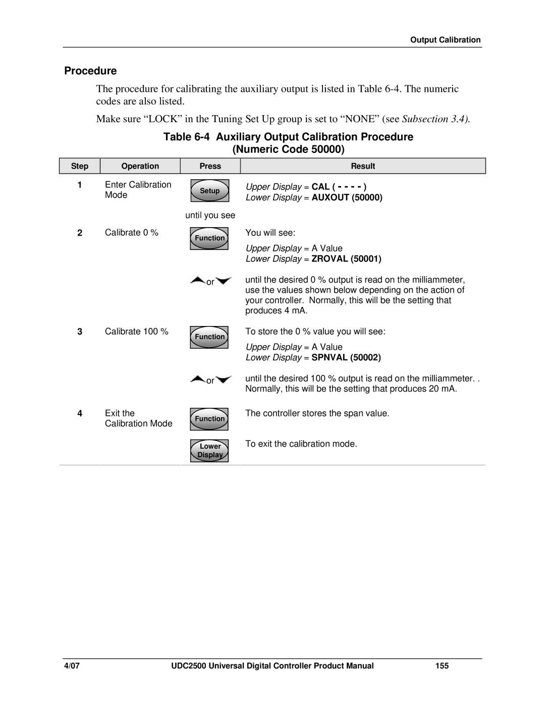 Honeywell UDC2500 Auxiliary Output Calibration Procedure Numeric Code, Lower Display = Auxout, Upper Display = a Value 