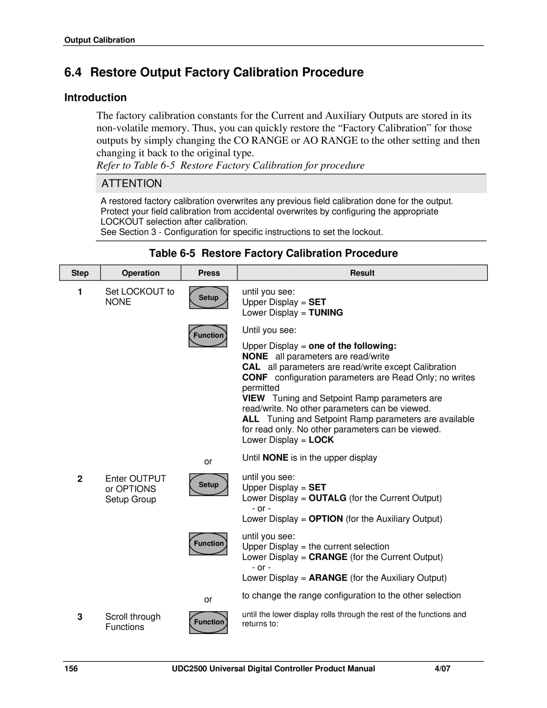 Honeywell UDC2500 manual Restore Output Factory Calibration Procedure, Restore Factory Calibration Procedure 