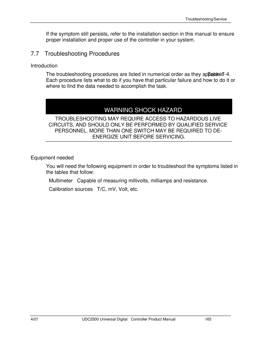 Honeywell UDC2500 manual Troubleshooting Procedures, Equipment needed 