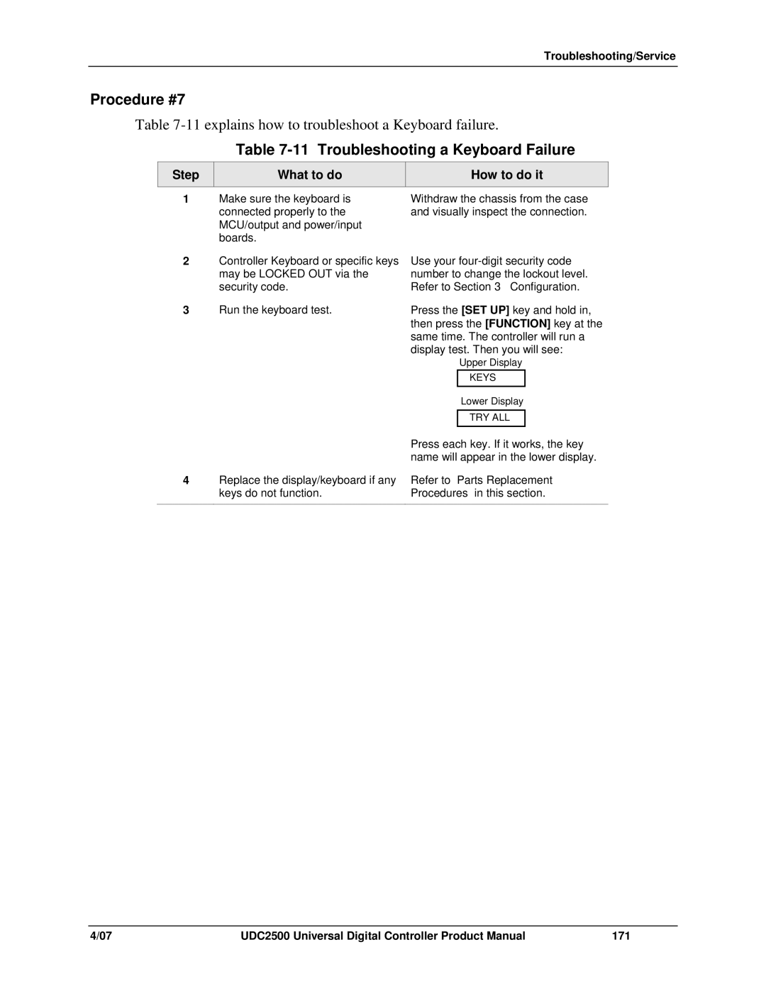 Honeywell UDC2500 manual Procedure #7, Troubleshooting a Keyboard Failure 