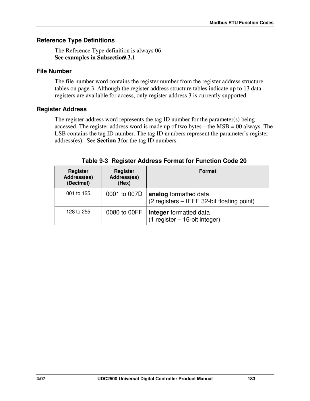 Honeywell UDC2500 manual Reference Type Definitions, File Number, Register Address Format for Function Code 