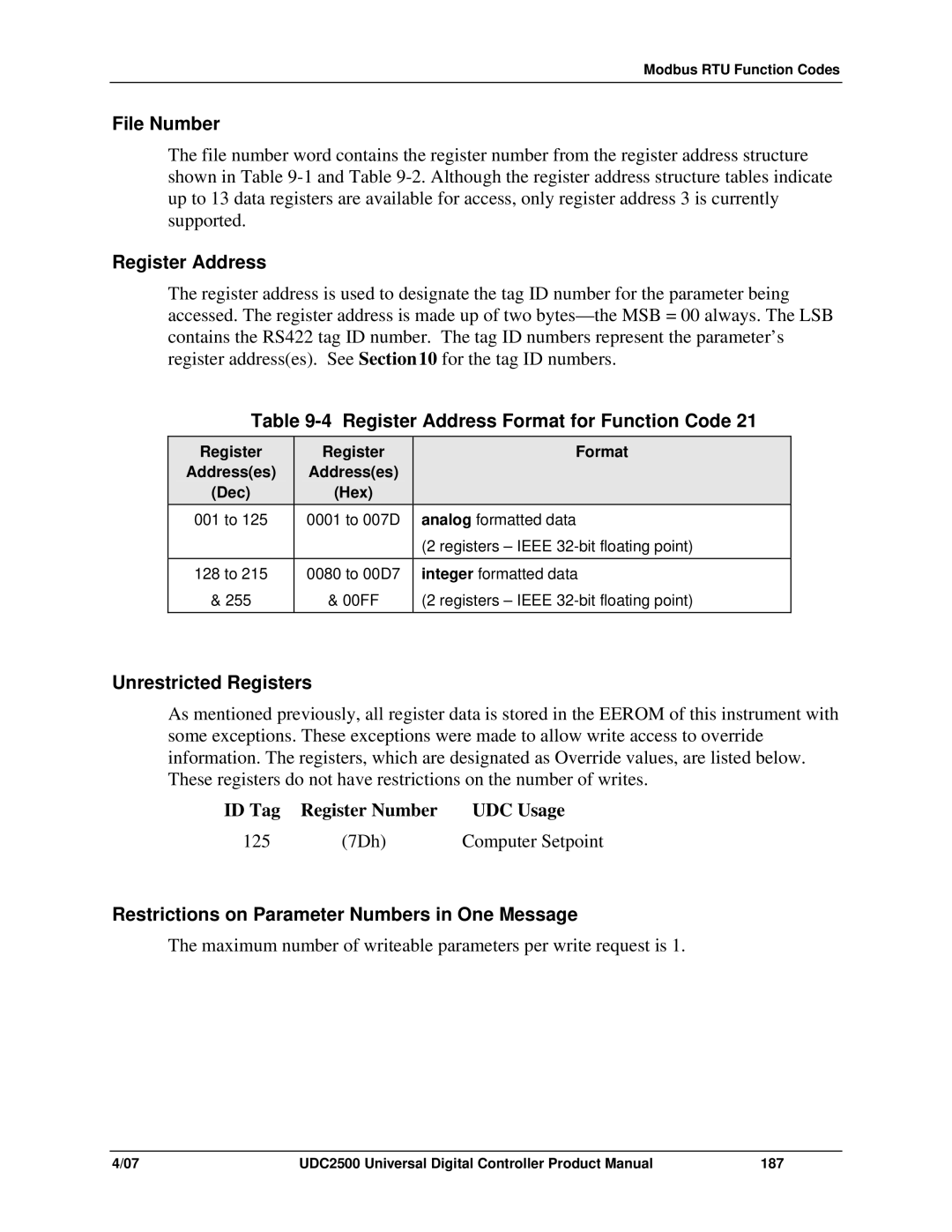 Honeywell UDC2500 manual Unrestricted Registers, Restrictions on Parameter Numbers in One Message 