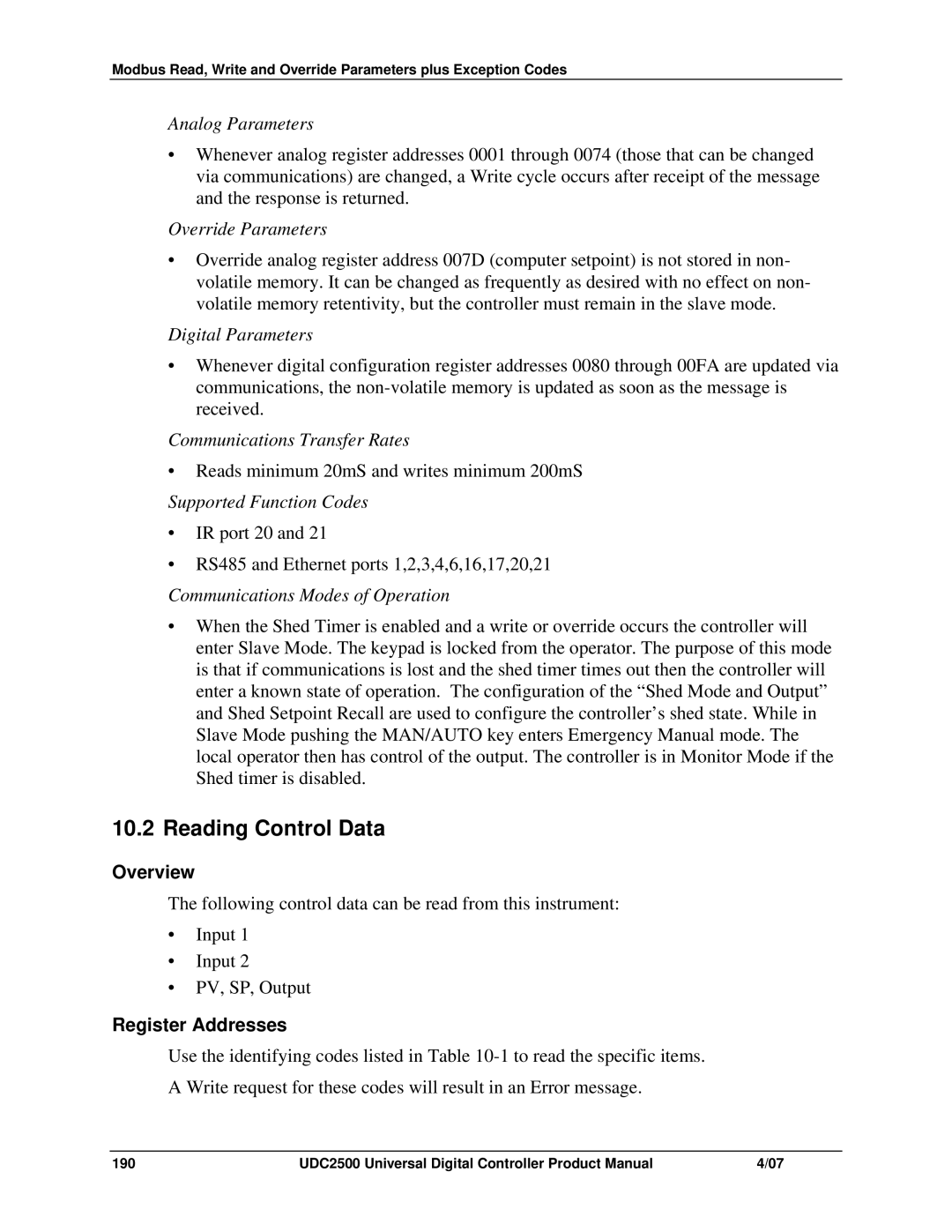 Honeywell UDC2500 manual Reading Control Data, Register Addresses 