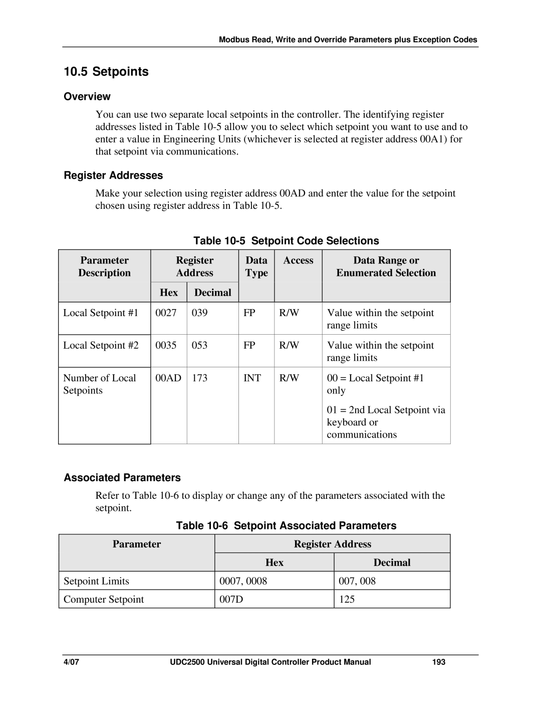 Honeywell UDC2500 manual Setpoint Code Selections, Setpoint Associated Parameters 