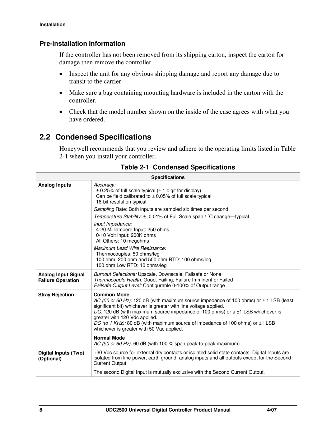 Honeywell UDC2500 manual Condensed Specifications, Pre-installation Information 