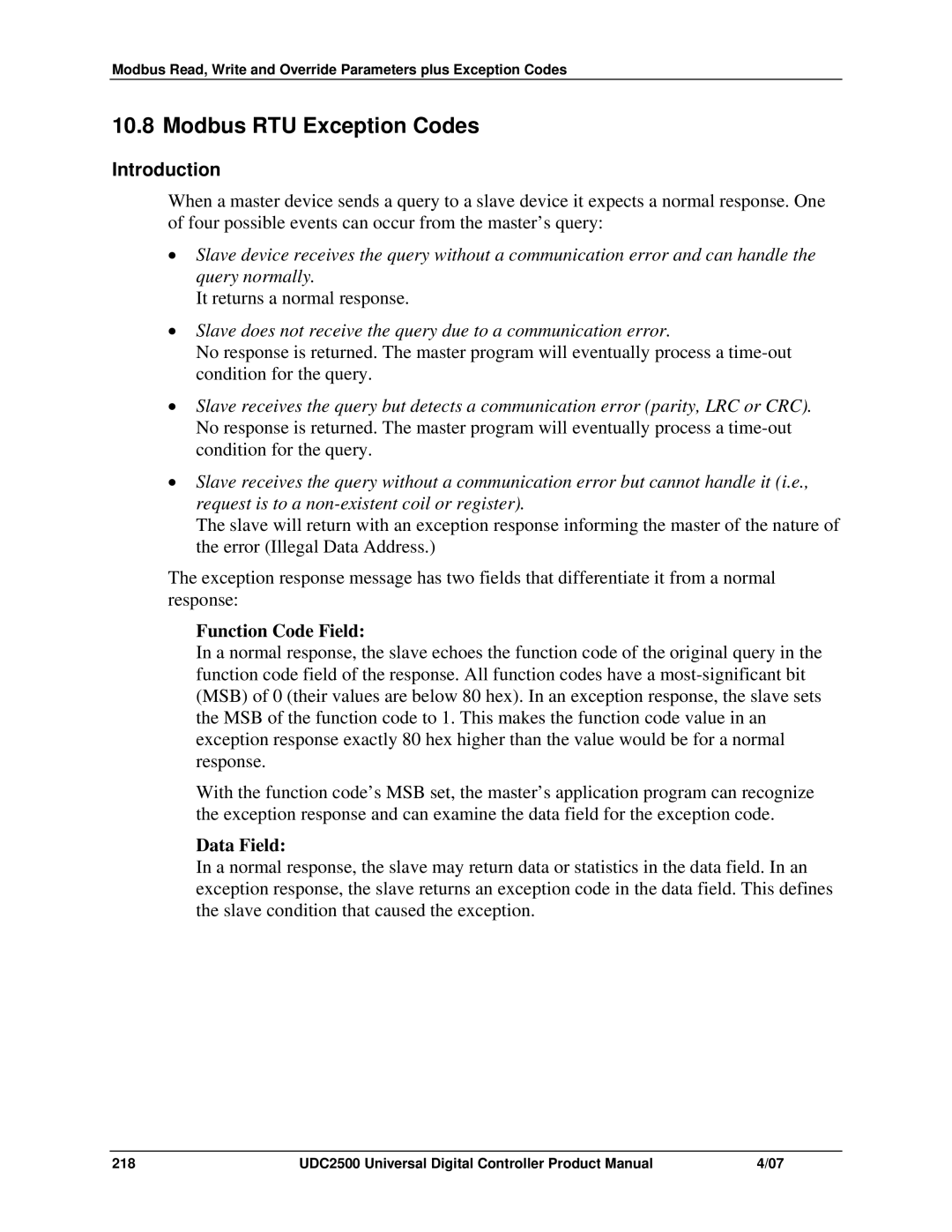 Honeywell UDC2500 manual Modbus RTU Exception Codes, Function Code Field 