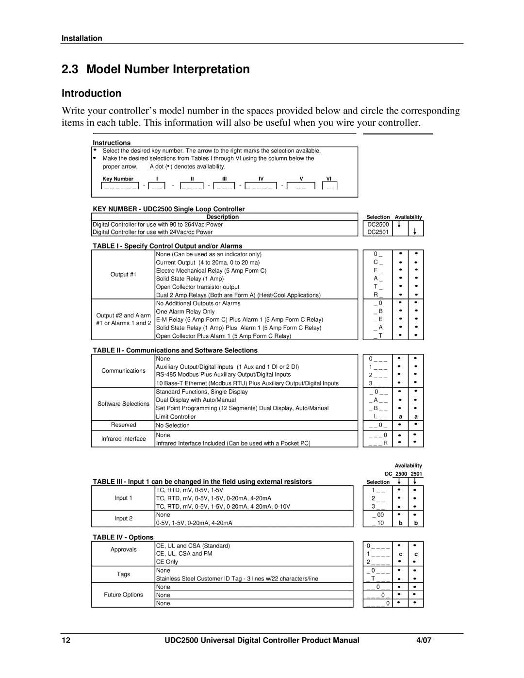 Honeywell UDC2500 manual Model Number Interpretation, Instructions 