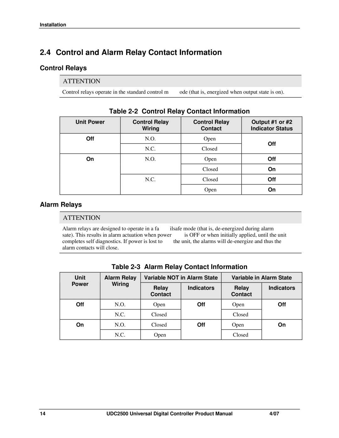 Honeywell UDC2500 manual Control and Alarm Relay Contact Information, Control Relays, Control Relay Contact Information 