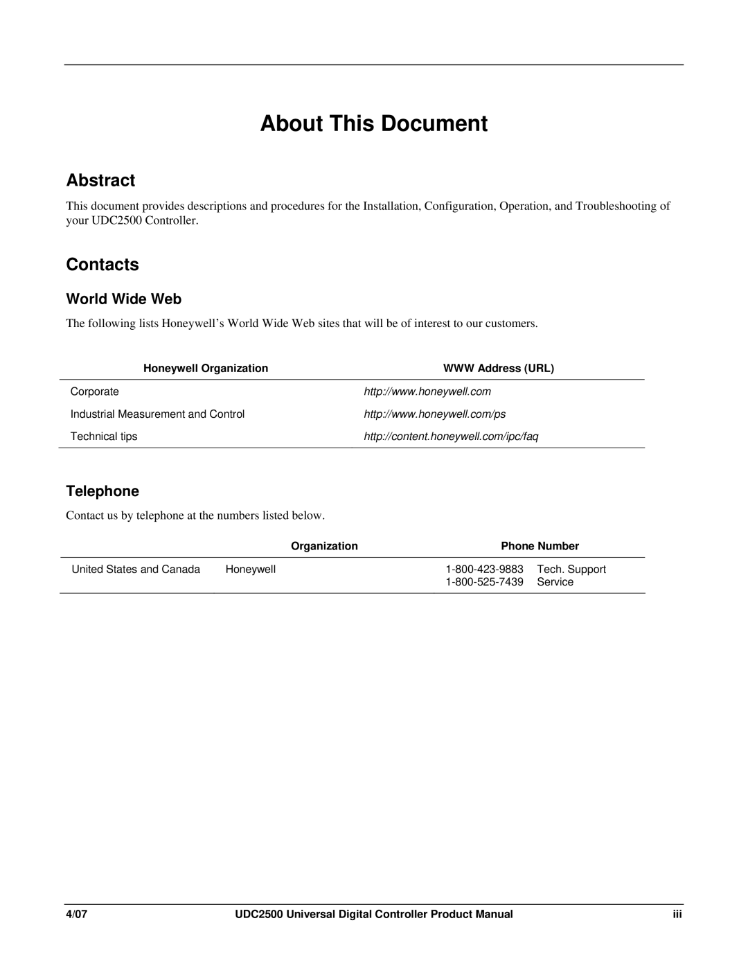 Honeywell UDC2500 manual Abstract, Contacts, World Wide Web, Telephone 