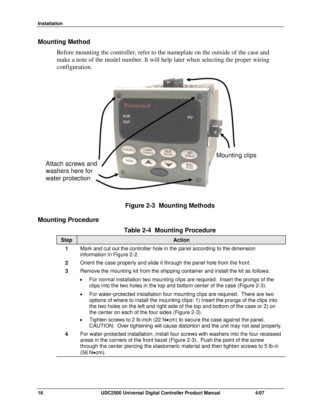 Honeywell UDC2500 manual Mounting Method, Mounting Procedure, Step Action 