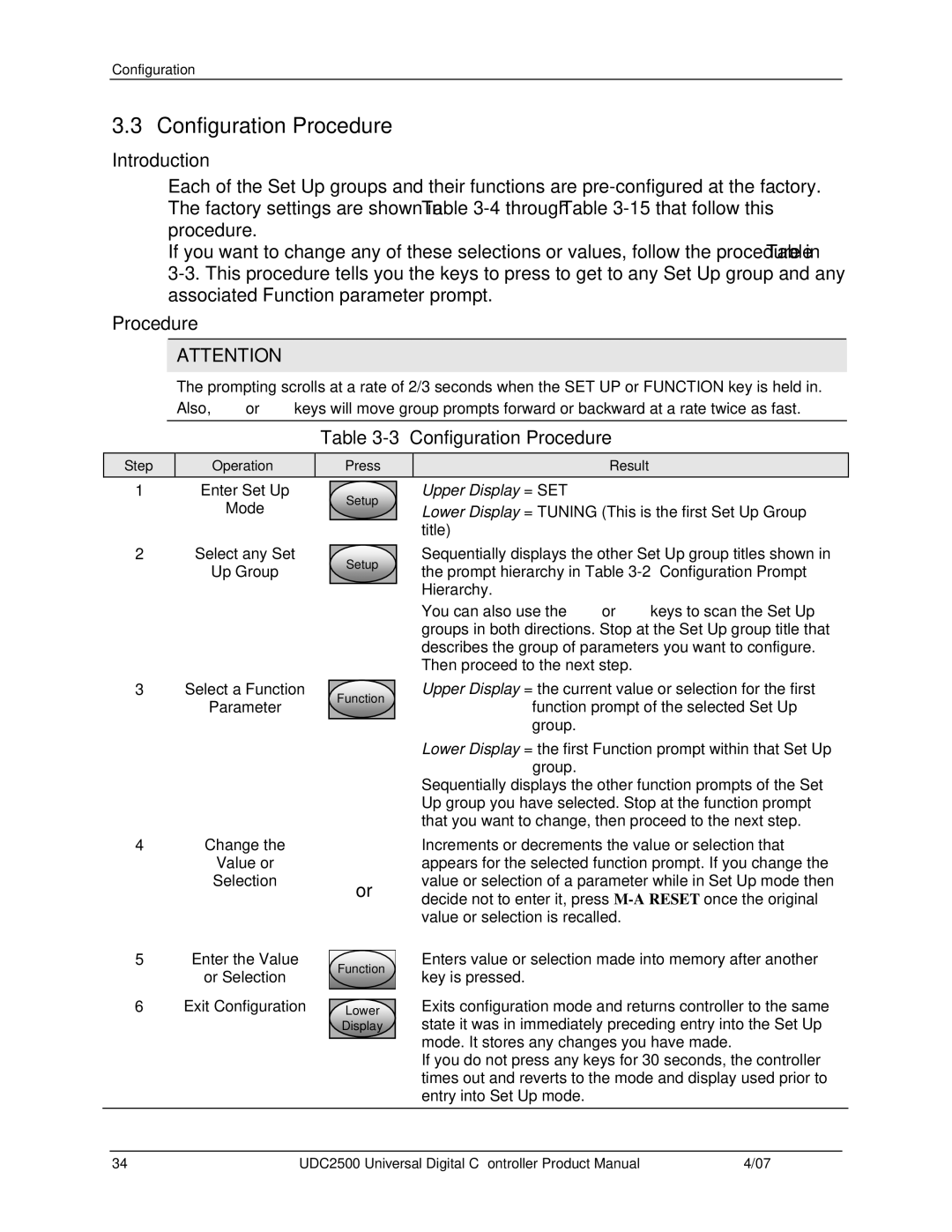 Honeywell UDC2500 manual Configuration Procedure, Upper Display = SET 