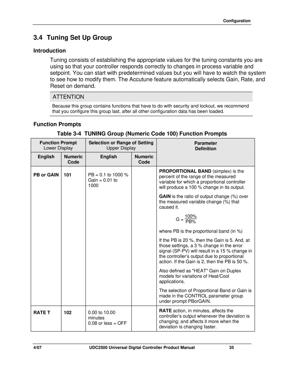 Honeywell UDC2500 manual Tuning Set Up Group, Rate T 