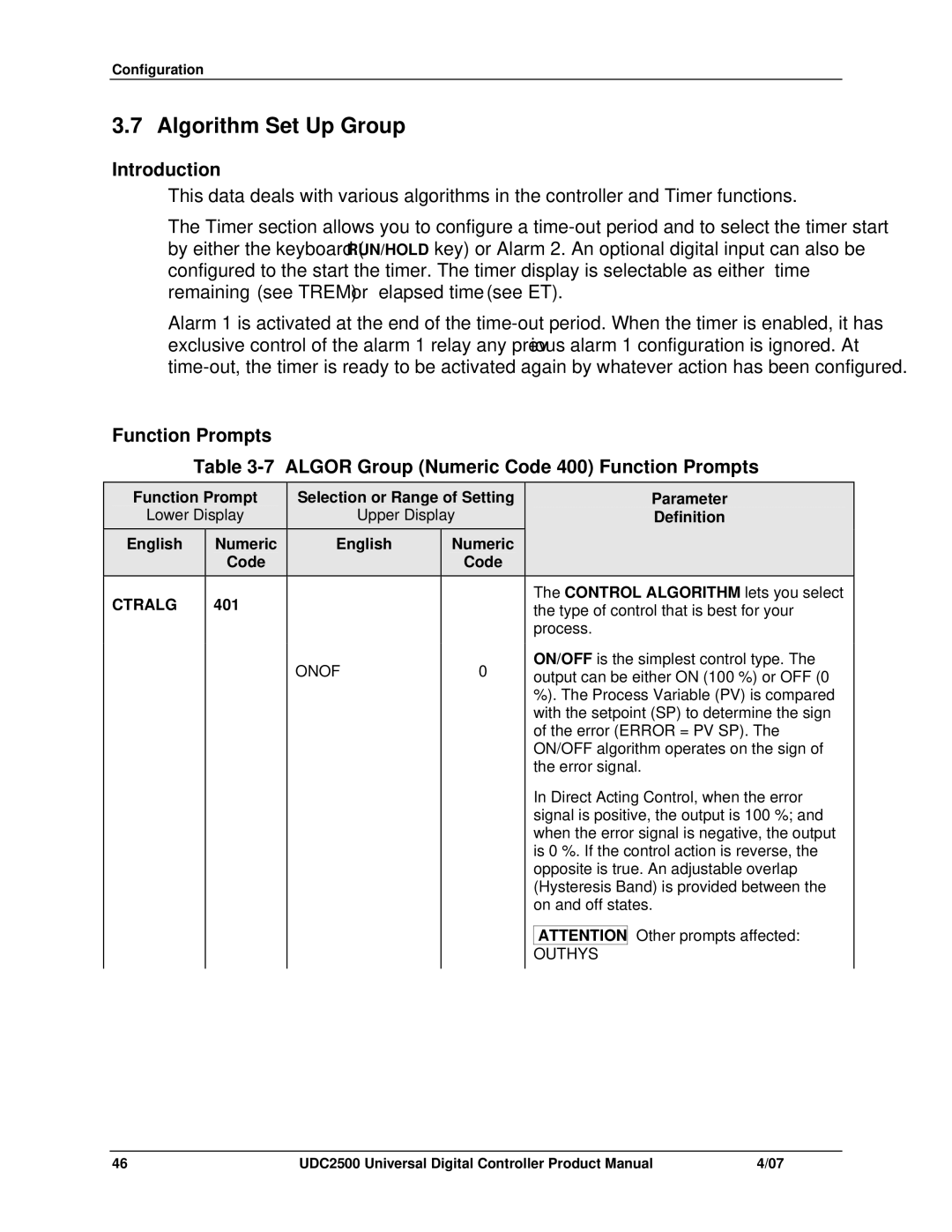 Honeywell UDC2500 manual Algorithm Set Up Group, Ctralg, 401, Onof, Other prompts affected 