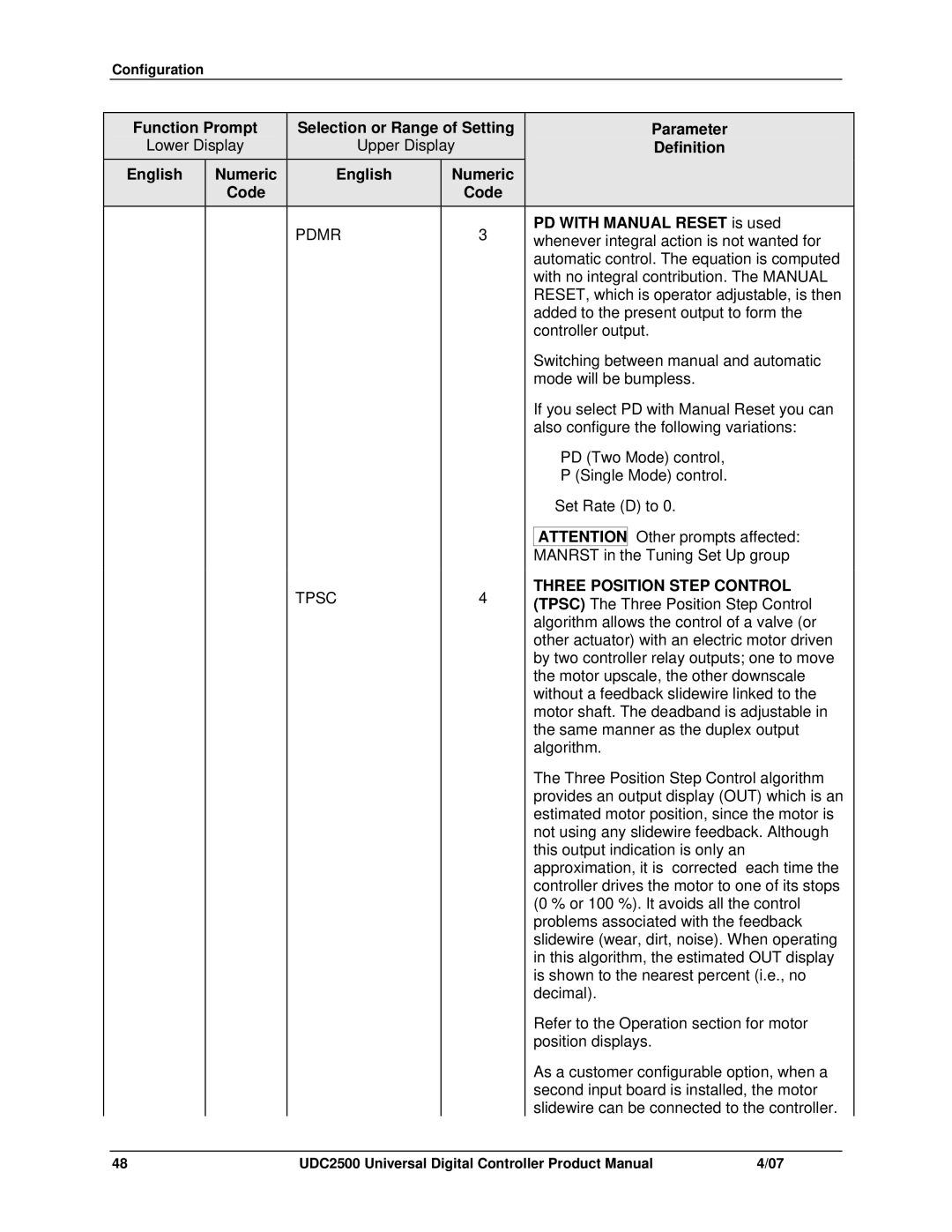 Honeywell UDC2500 manual Pdmr, PD with Manual Reset is used, Manrst in the Tuning Set Up group, Three Position Step Control 