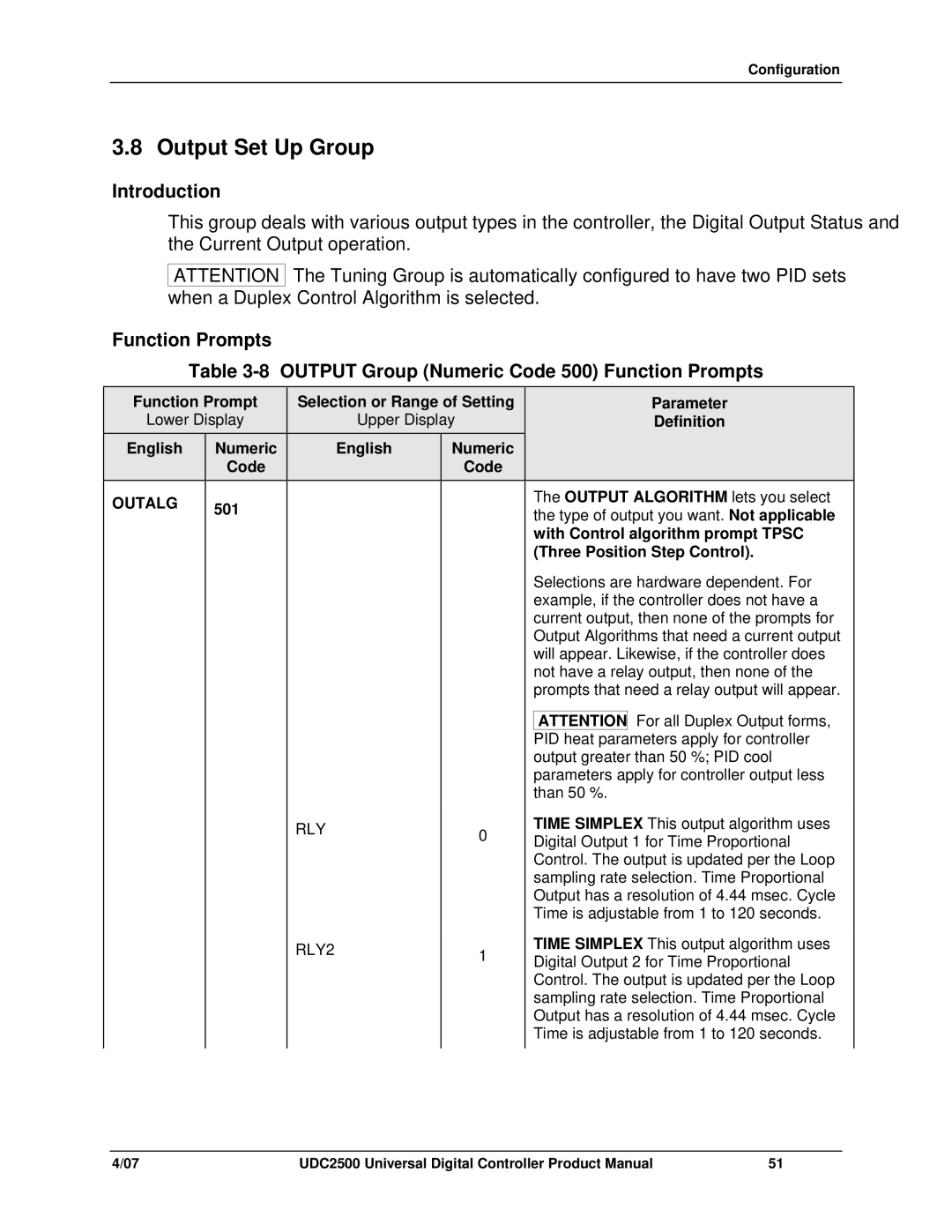 Honeywell UDC2500 manual Output Set Up Group, Outalg, 501, With Control algorithm prompt Tpsc, Three Position Step Control 