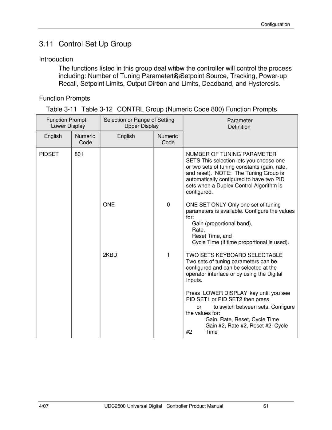 Honeywell UDC2500 manual Control Set Up Group, Pidset, 801, Number of Tuning Parameter, TWO Sets Keyboard Selectable 