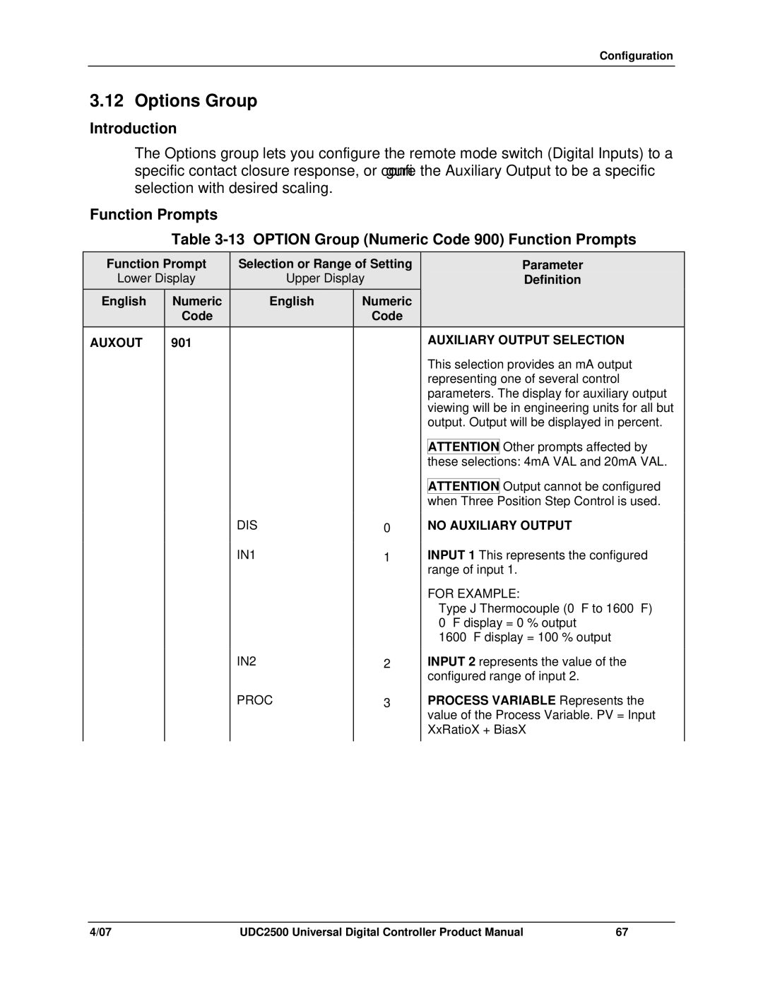 Honeywell UDC2500 manual Options Group, Auxout, Auxiliary Output Selection, No Auxiliary Output 