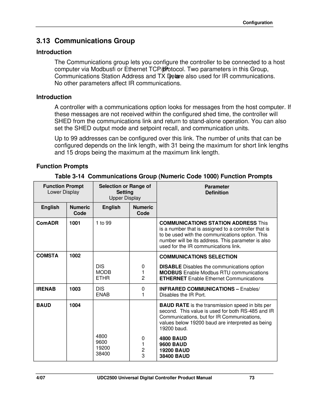 Honeywell UDC2500 manual Communications Group, Comsta, Communications Selection, Irenab, Baud 