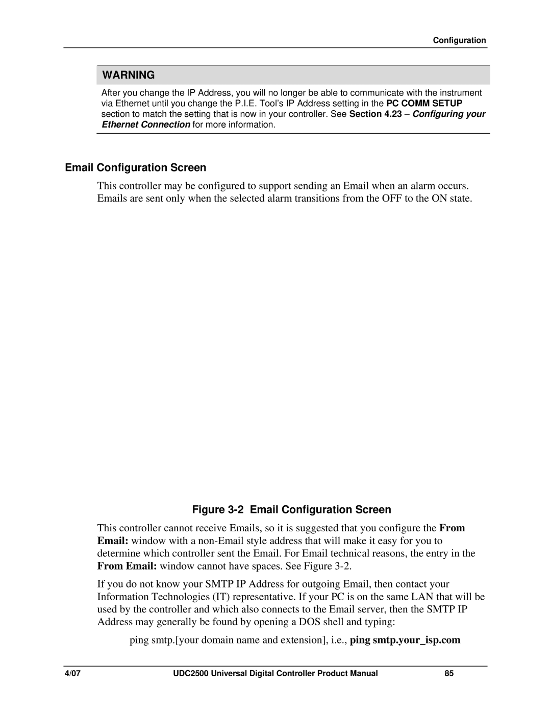 Honeywell UDC2500 manual Email Configuration Screen 