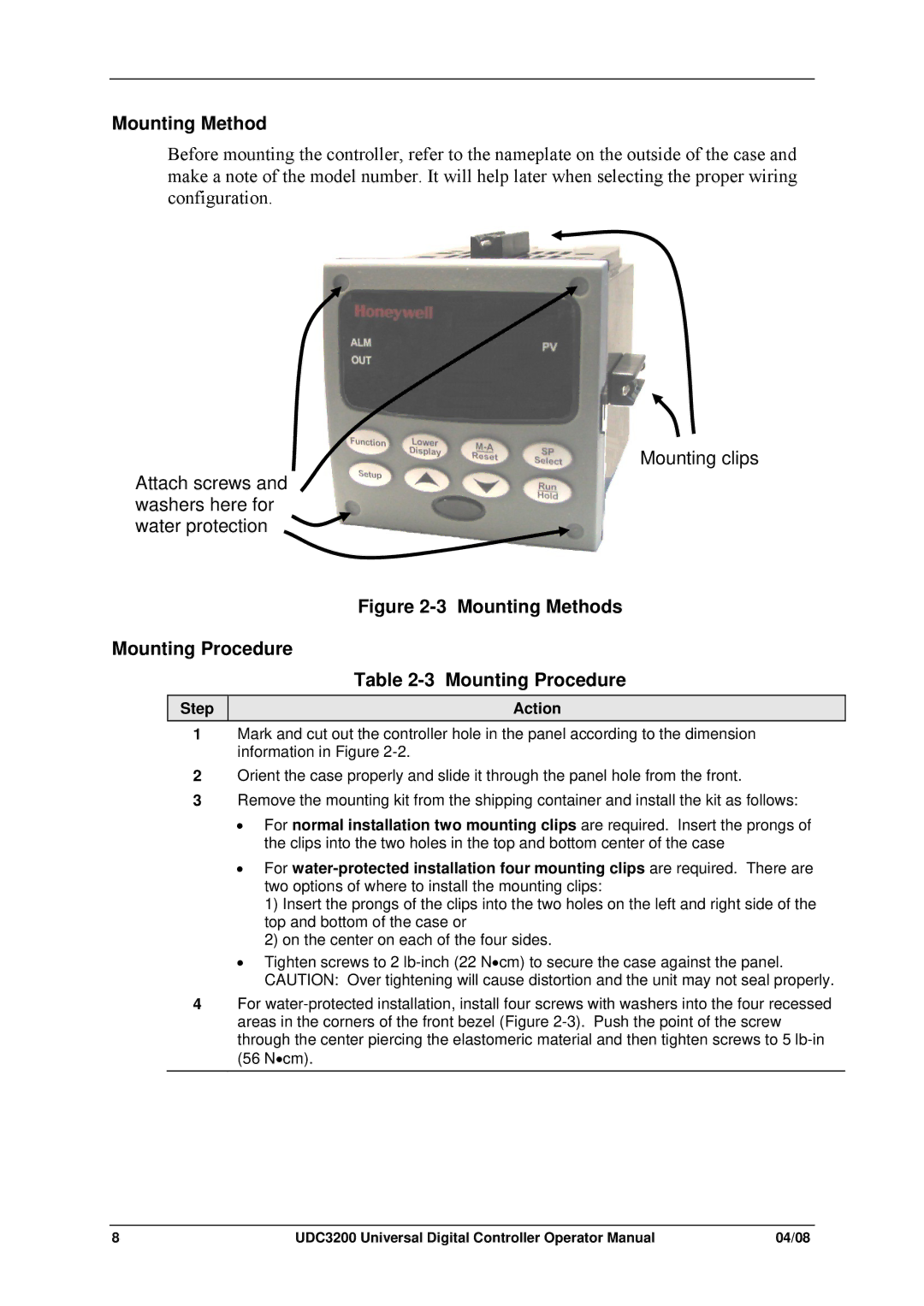 Honeywell UDC3200 manual Mounting Method, Step Action 