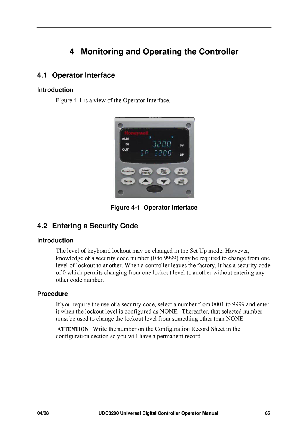 Honeywell UDC3200 manual Entering a Security Code, Operator Interface 