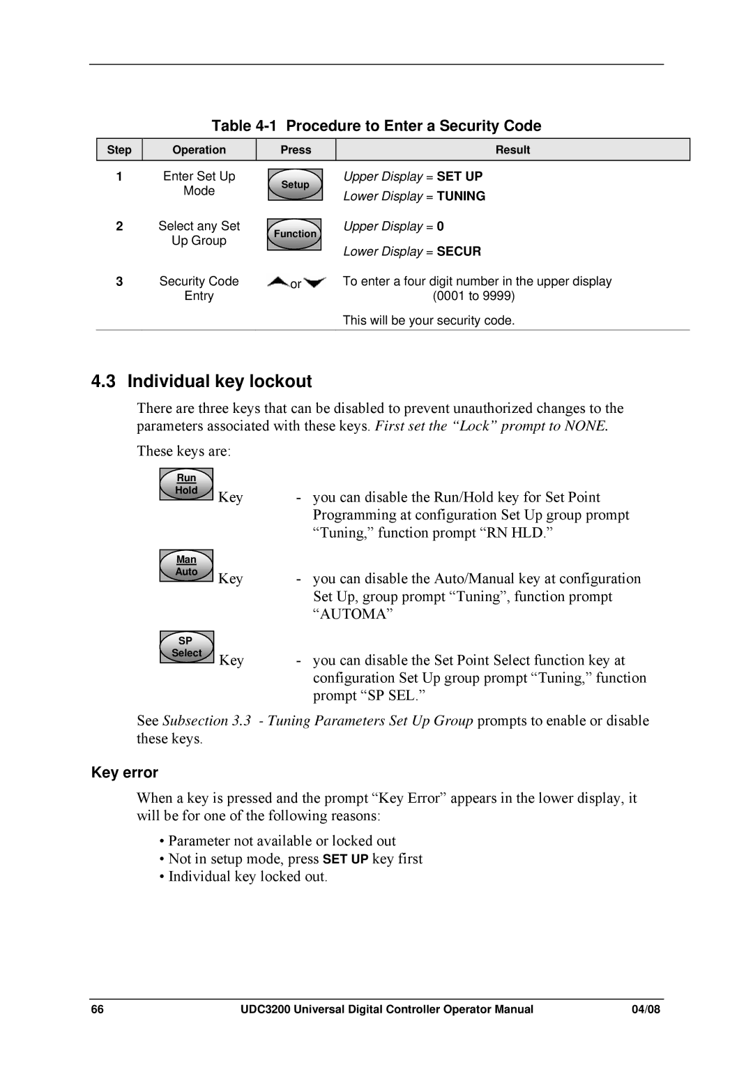 Honeywell UDC3200 manual Individual key lockout, Procedure to Enter a Security Code, Key error 