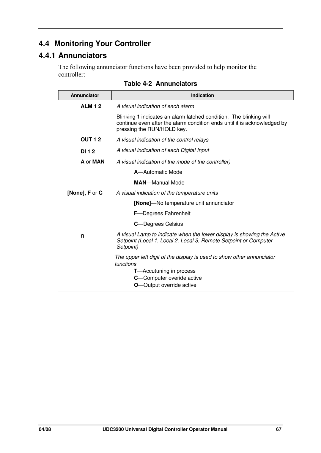 Honeywell UDC3200 manual Monitoring Your Controller 4.4.1 Annunciators, ALM 1 OUT 1 DI 1 Or MAN None, F or C 