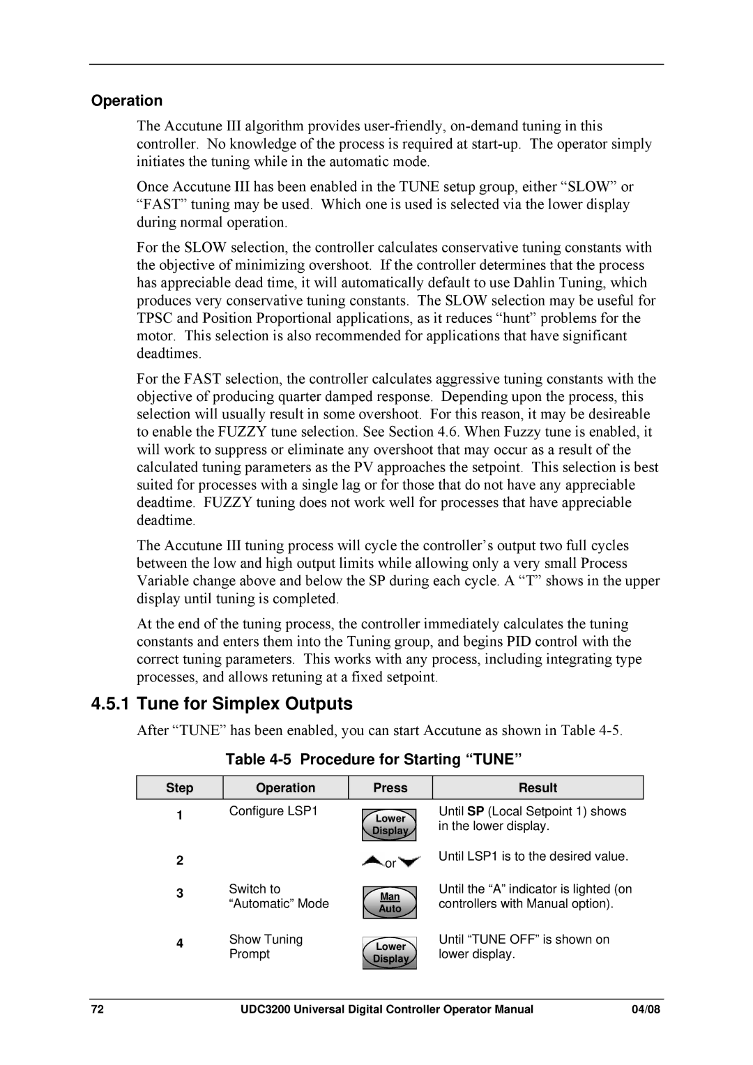 Honeywell UDC3200 manual Tune for Simplex Outputs, Procedure for Starting Tune, Step Operation Press Result 